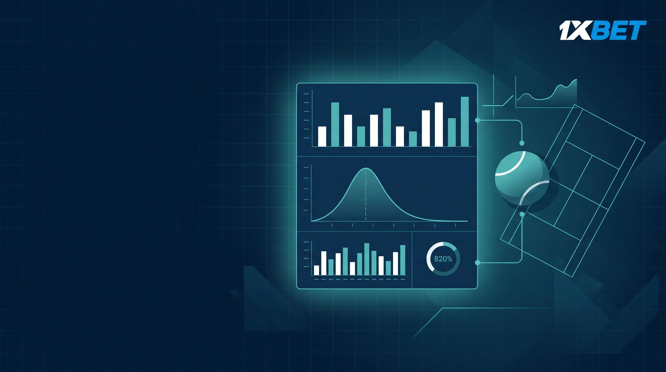 Dark blue data dashboard with charts and a tennis ball illustrating tennis betting odds
